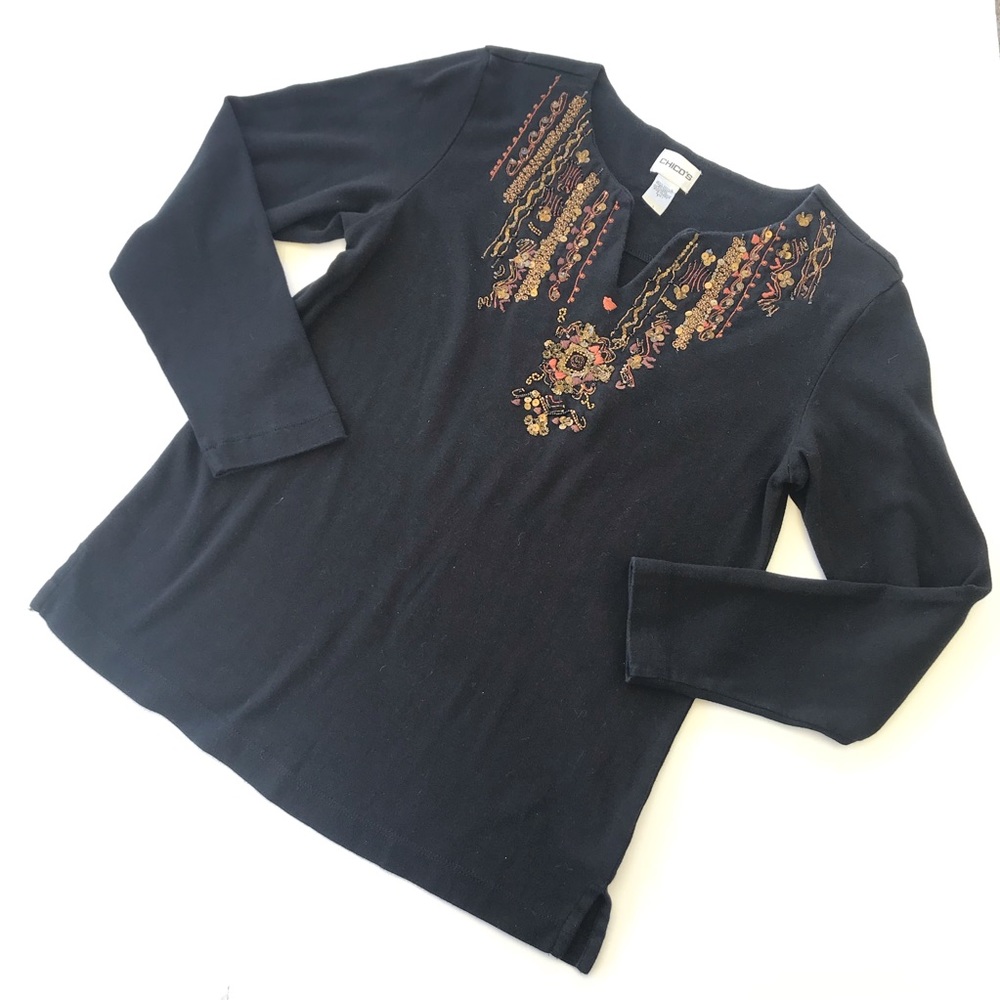 Chico's Black Embellished Embroidered Boho Top